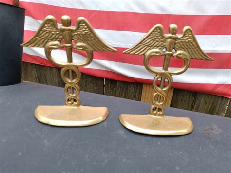 Vintage Pair of Brass Caduceus Staff Bookends Hermes Symbol 